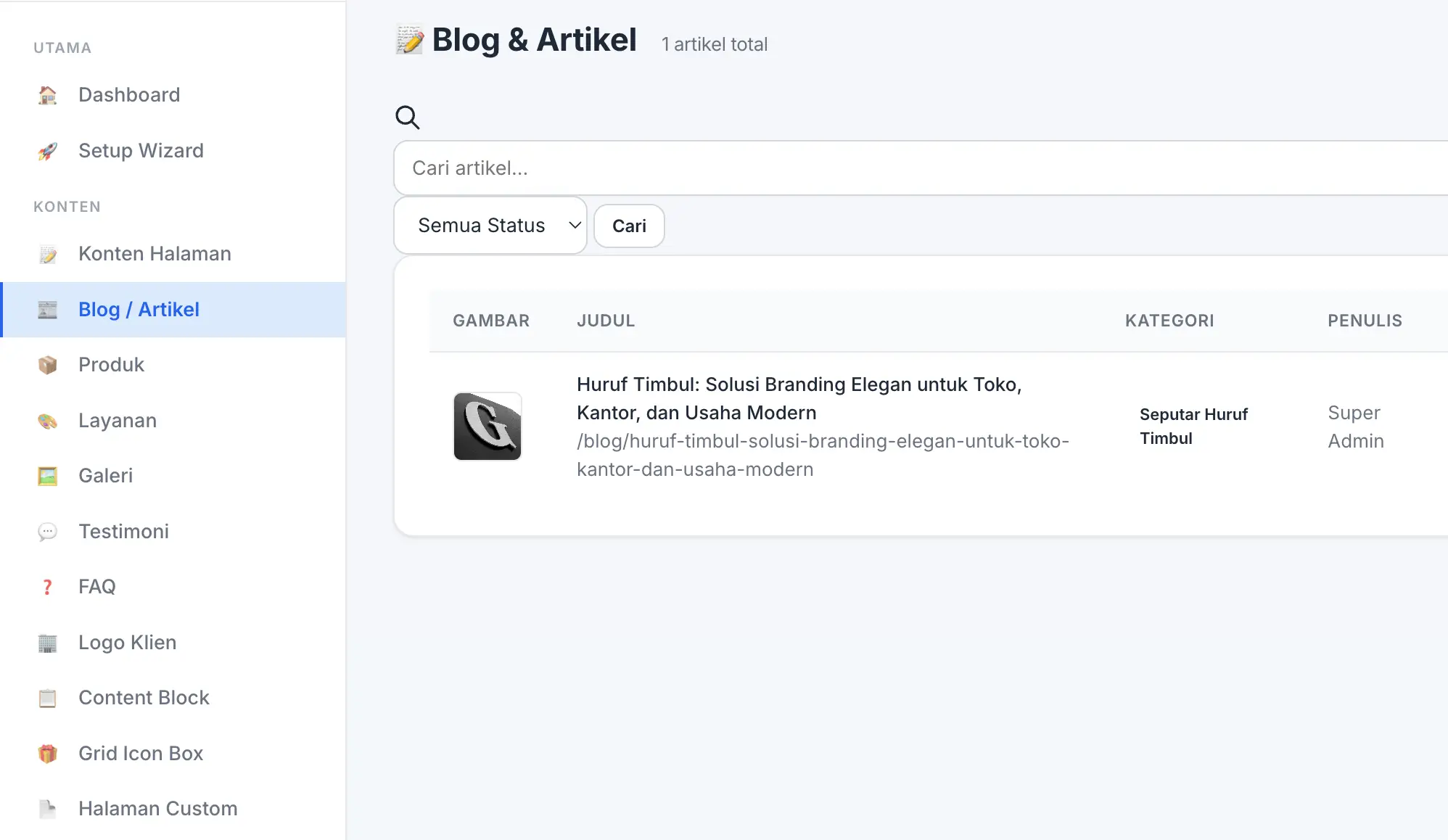 Fitur Blog & Artikel di panel admin Digifren