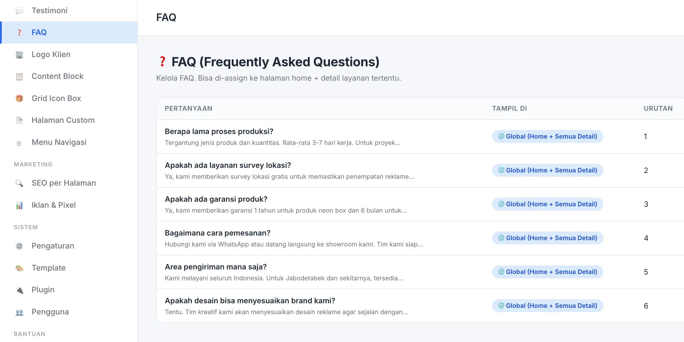 Fitur FAQ (Tanya Jawab) di panel admin Digifren