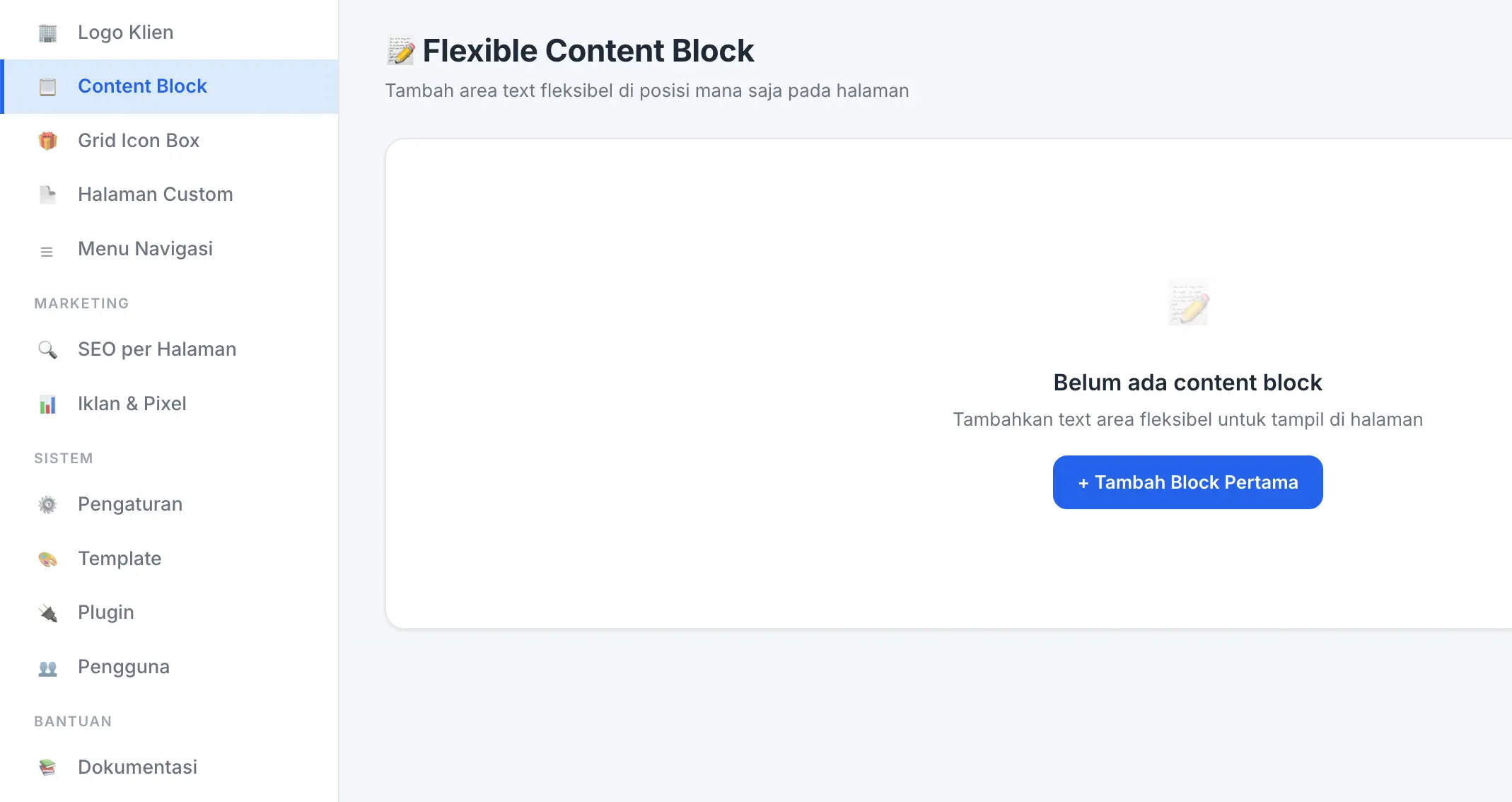 Fitur Flexible Content Block di panel admin Digifren