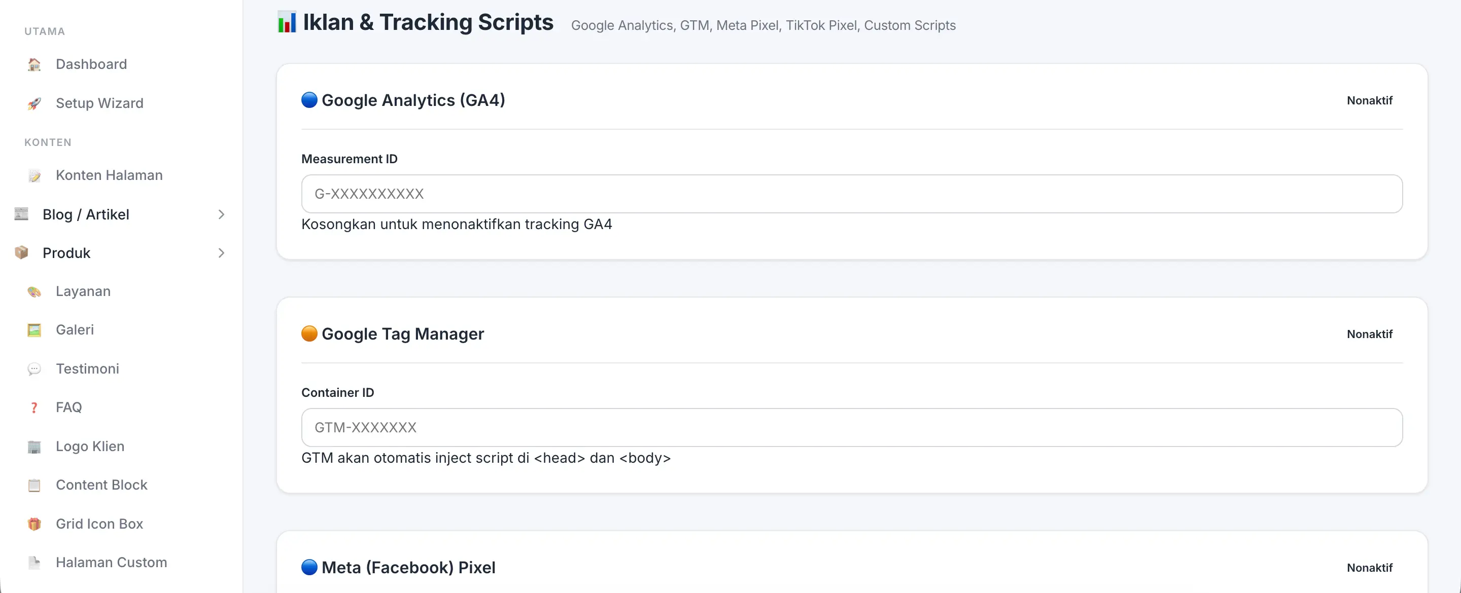 Fitur Iklan & Tracking Scripts di panel admin Digifren
