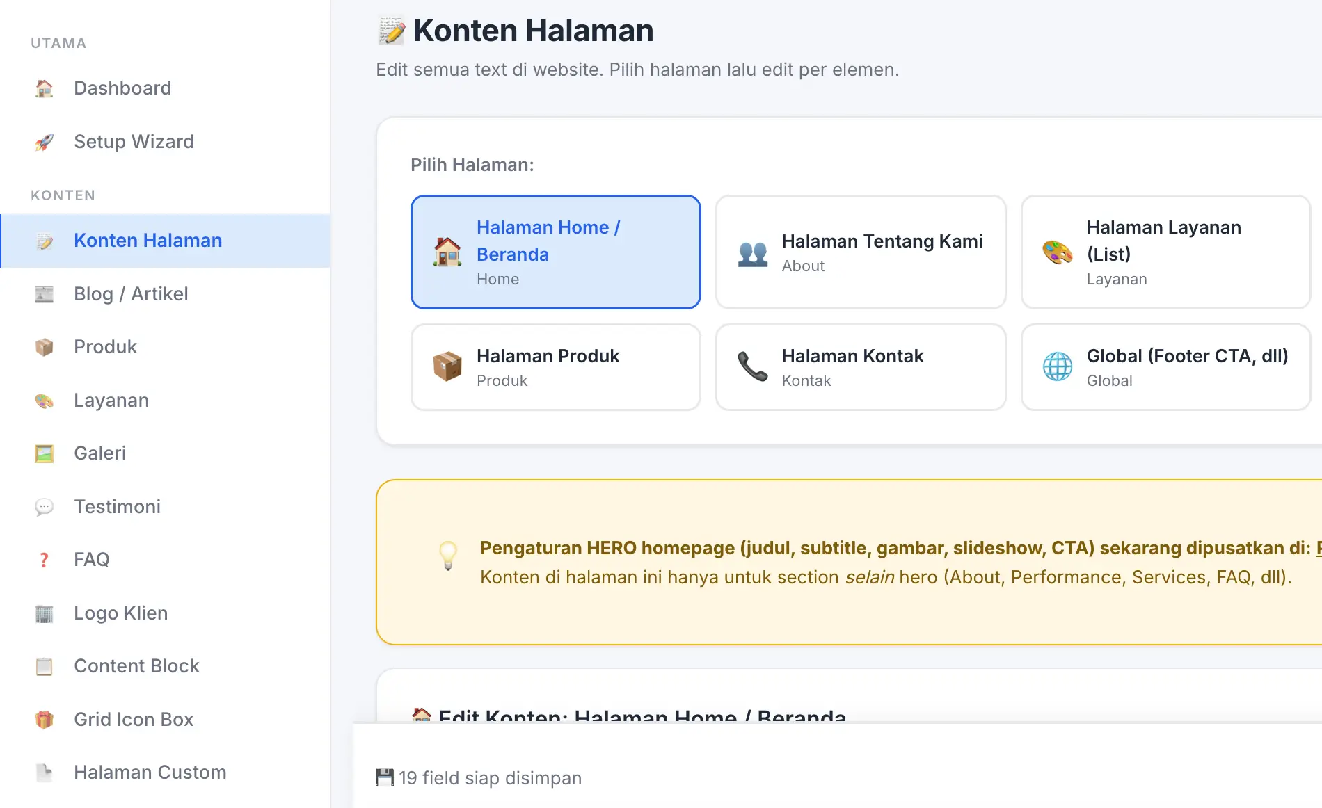 Fitur Konten Halaman di panel admin Digifren
