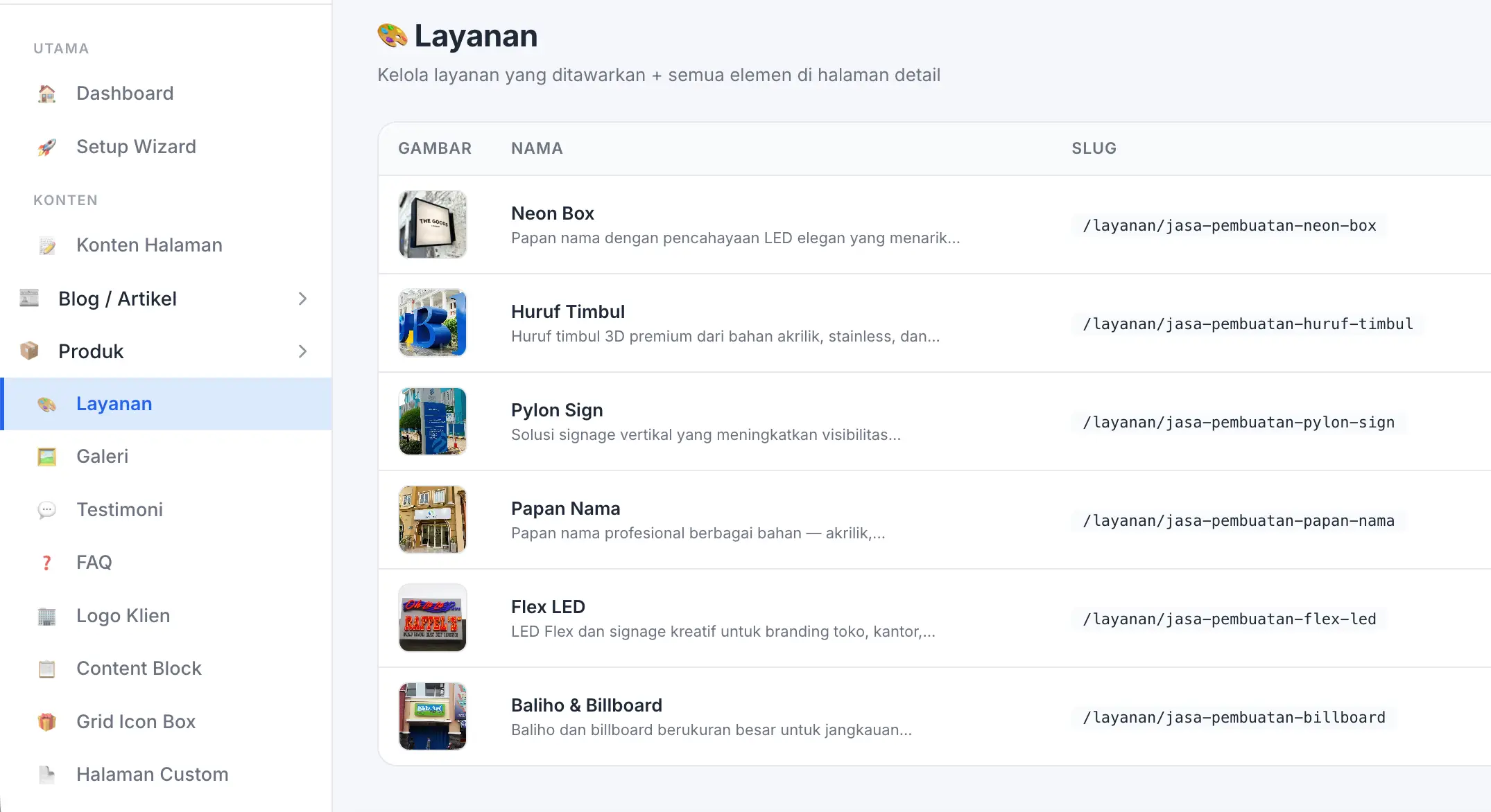 Fitur Layanan di panel admin Digifren