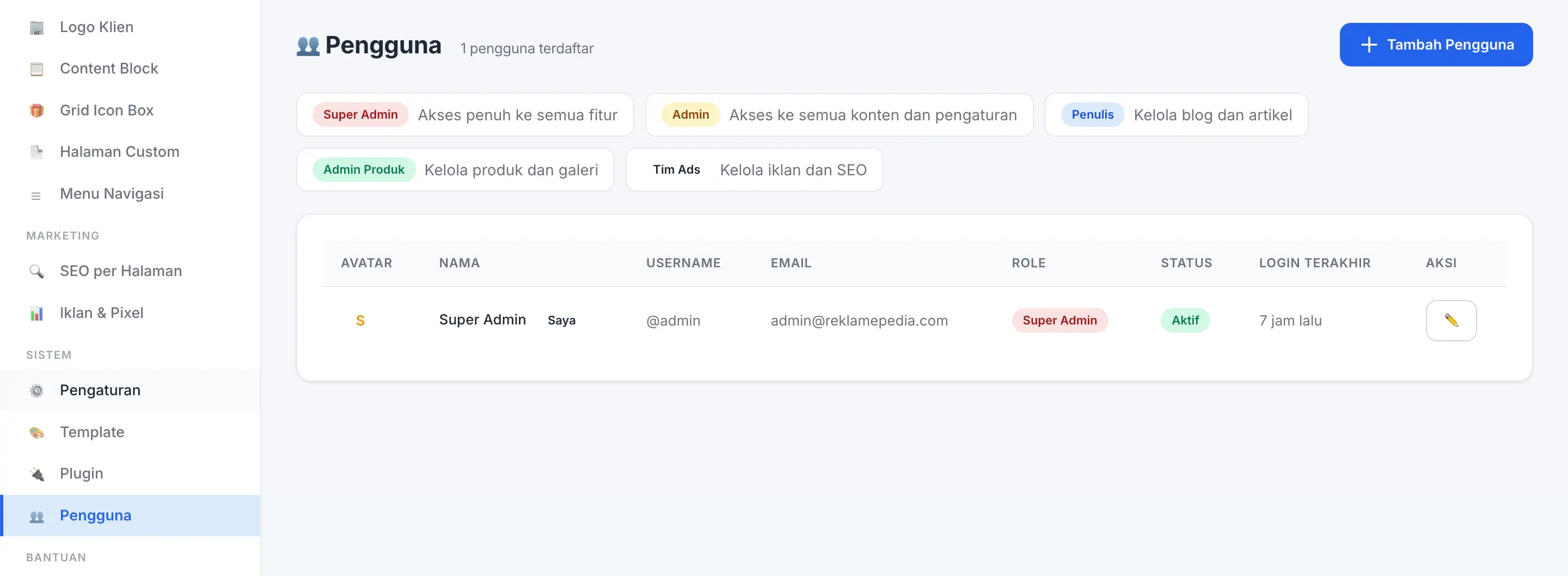 Fitur Manajemen User di panel admin Digifren