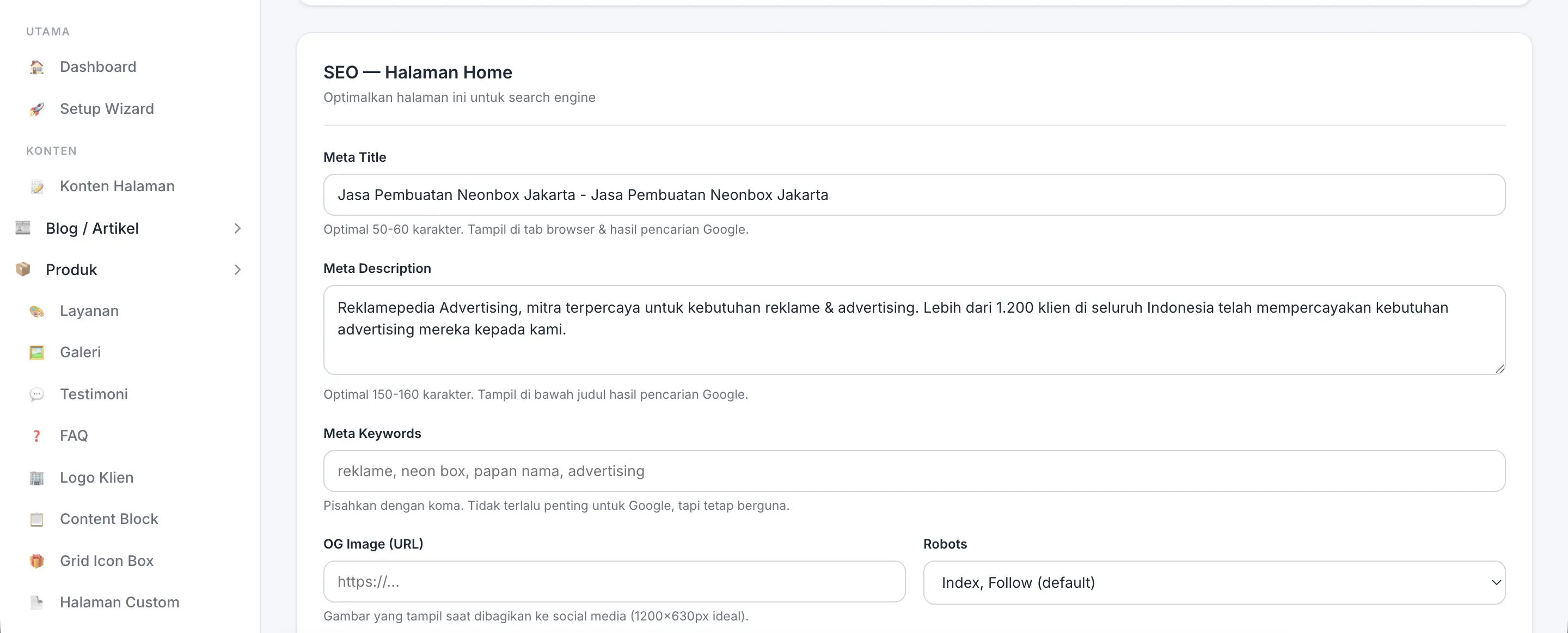 Fitur SEO Halaman di panel admin Digifren