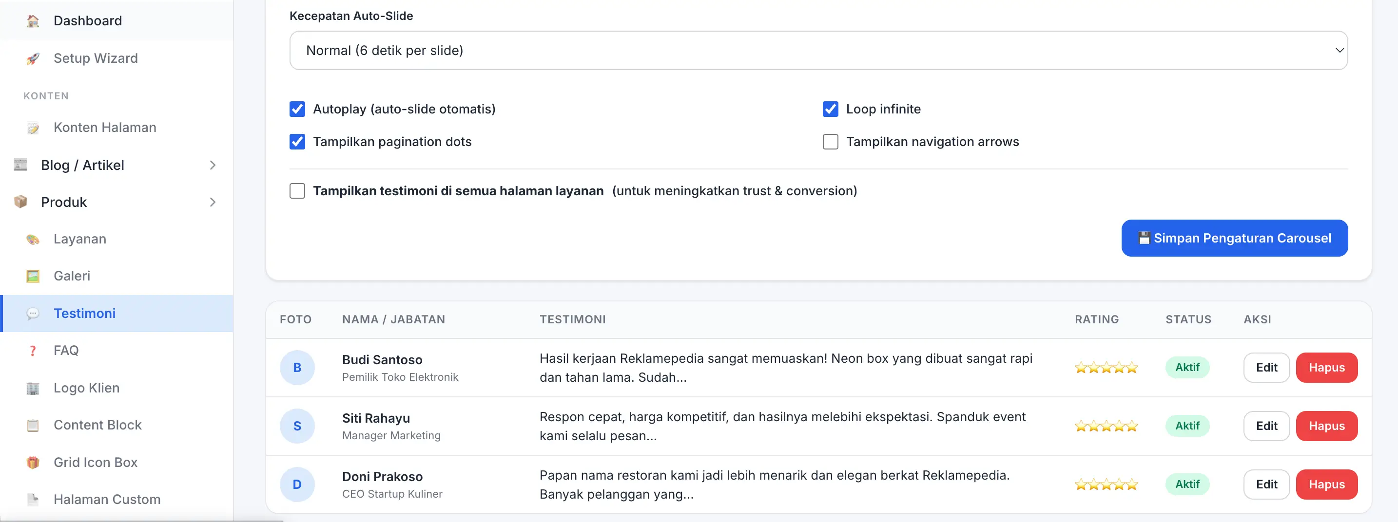 Fitur Testimoni Pelanggan di panel admin Digifren